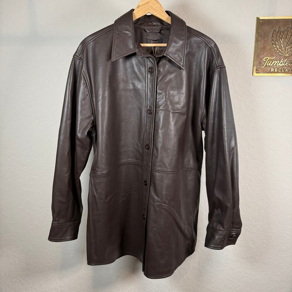Quince Brown Leather Button Up Shirt Jacket Women's Large Oversized - Picture 7 of 9